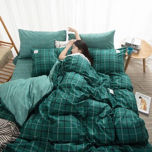 Bộ chăn ga gối phong cách Hàn Quốc caro xanh cổ vịt bo chun đủ kích thước
