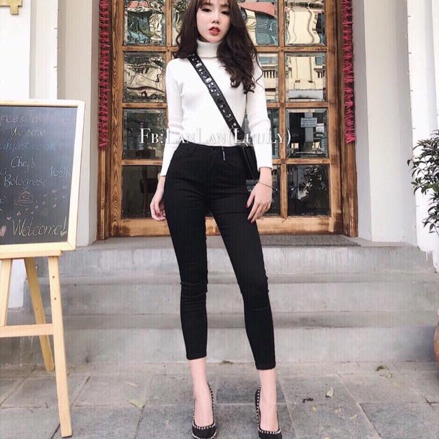 Quần jean nữ đen trơn co giãn lưng cao