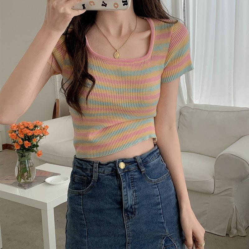 áo croptop dệt kim len nữ tay ngắn cổ vuông phối màu thiết kế Quảng Châu trẻ trung phong cách