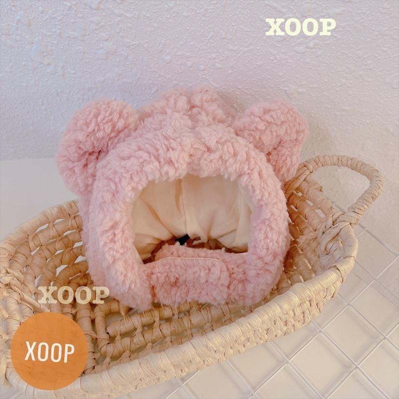 Mũ lông gấu- mũ len lông cừu tai gấu cài cúc kín cổ cho bé