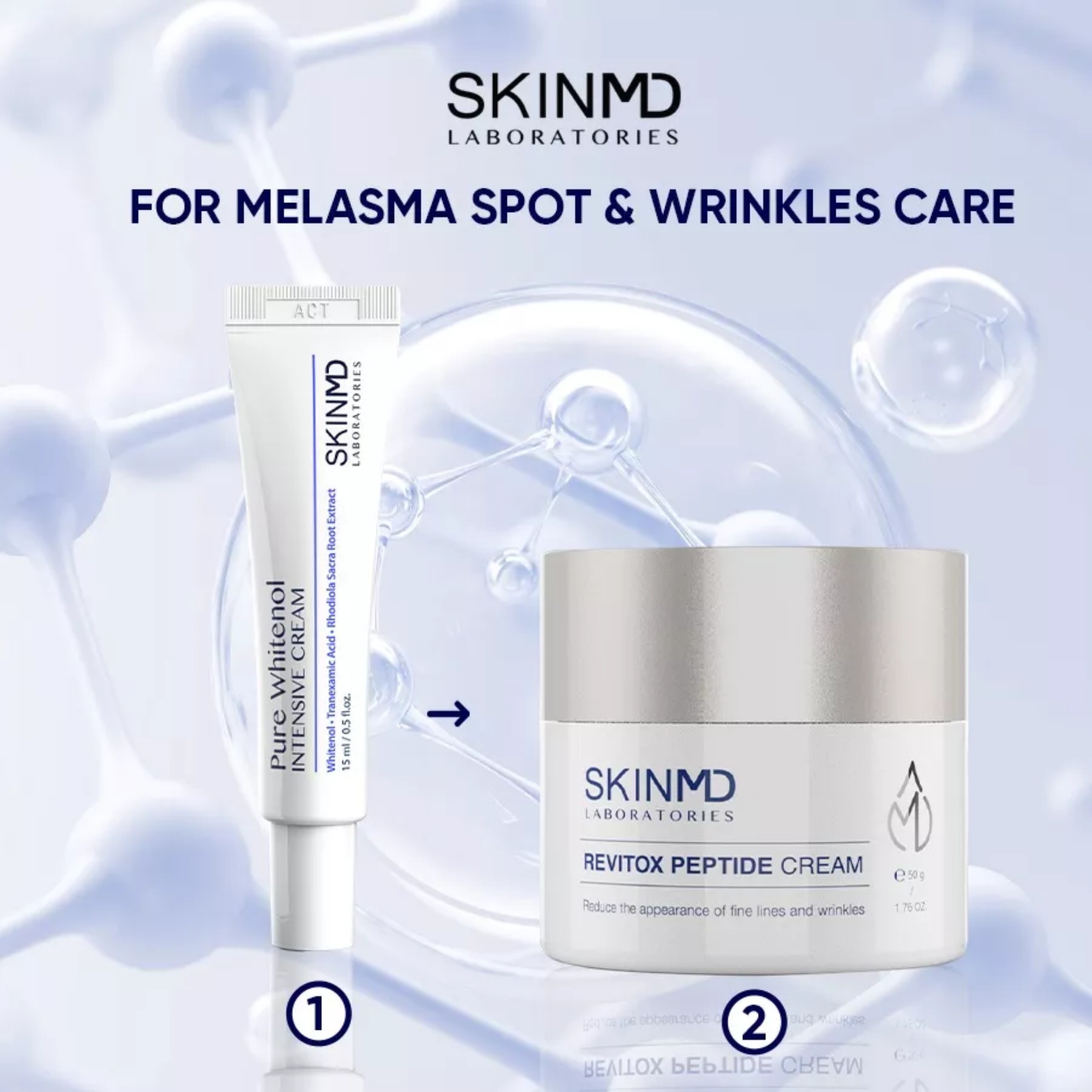 Bộ đôi mờ nám nâng cơ chuyên sâu SKINMD PURE WHITENOL INTENSIVE CREAM 15g và SKINMD REVITOX PEPTIDE CREAM 50g tác động mạnh mẽ giúp mờ nám trắng da mờ vết thâm