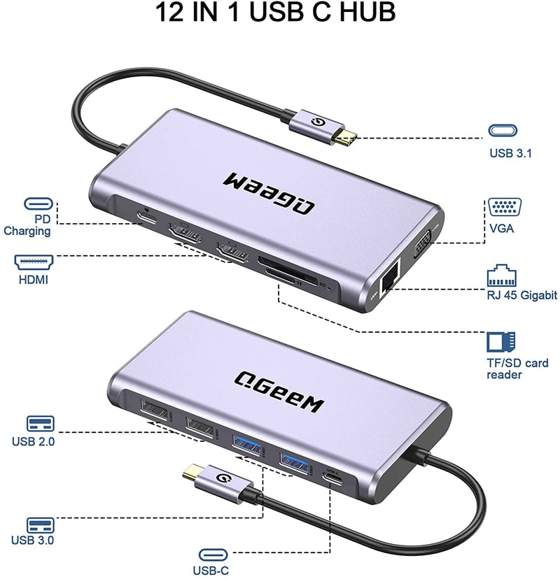 Bộ Hub USB C QGeeM 12 trong 1 sang HDMI 4k/VGA 1080P/USB/Type C sạc nhanh PD/Ethernet 1G/TF&amp;SD/đầu đọc thẻ Type C dành cho MacBook, USB C Dock - Hàng chính hãng