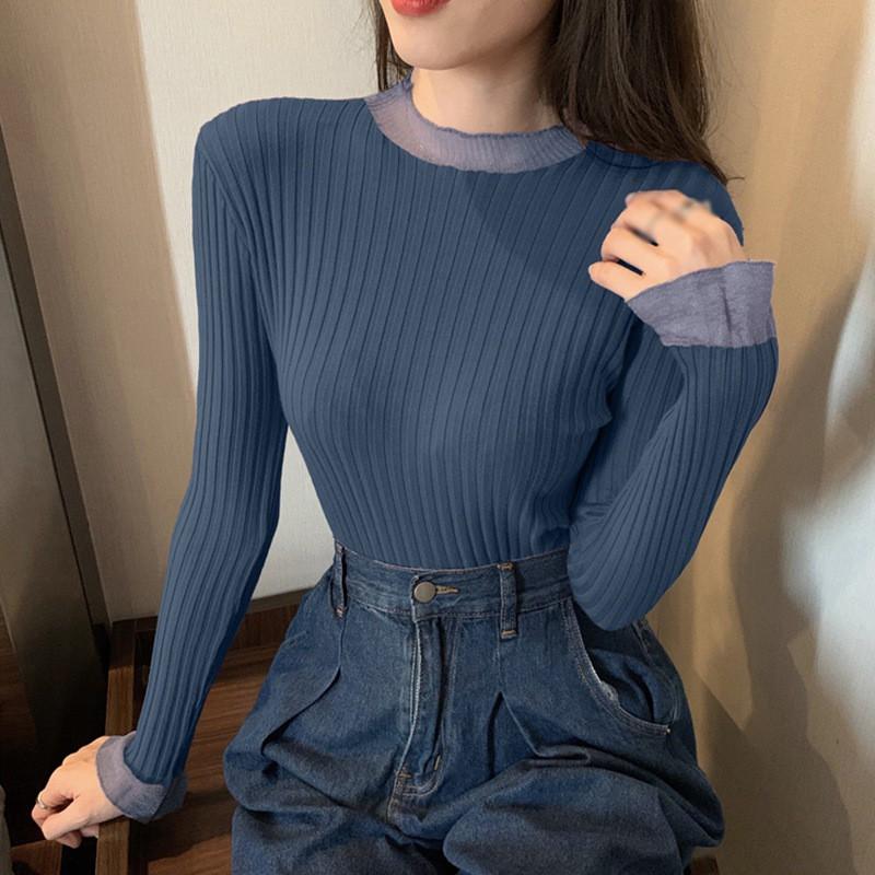 Áo dệt kim màu trơn cổ tròn phối ren kiểu tay dài trẻ trung xinh xắn