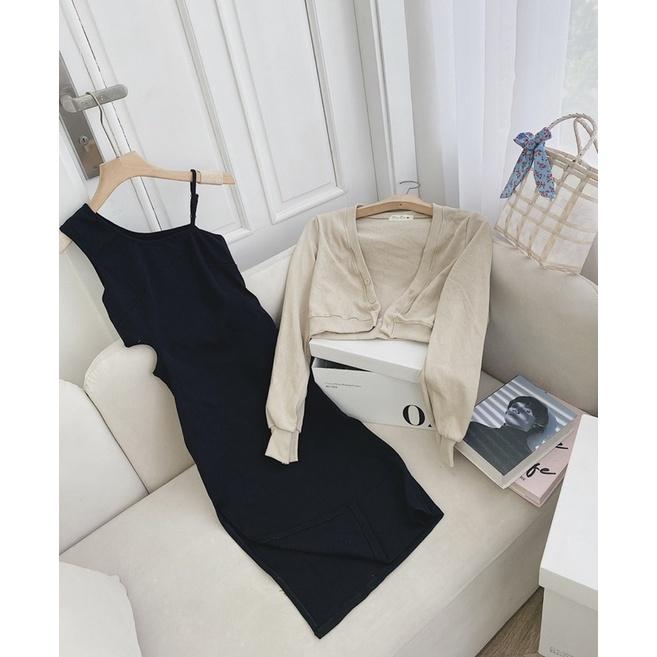 Set đầm body đen lệch dây vai kèm áo khoác nude