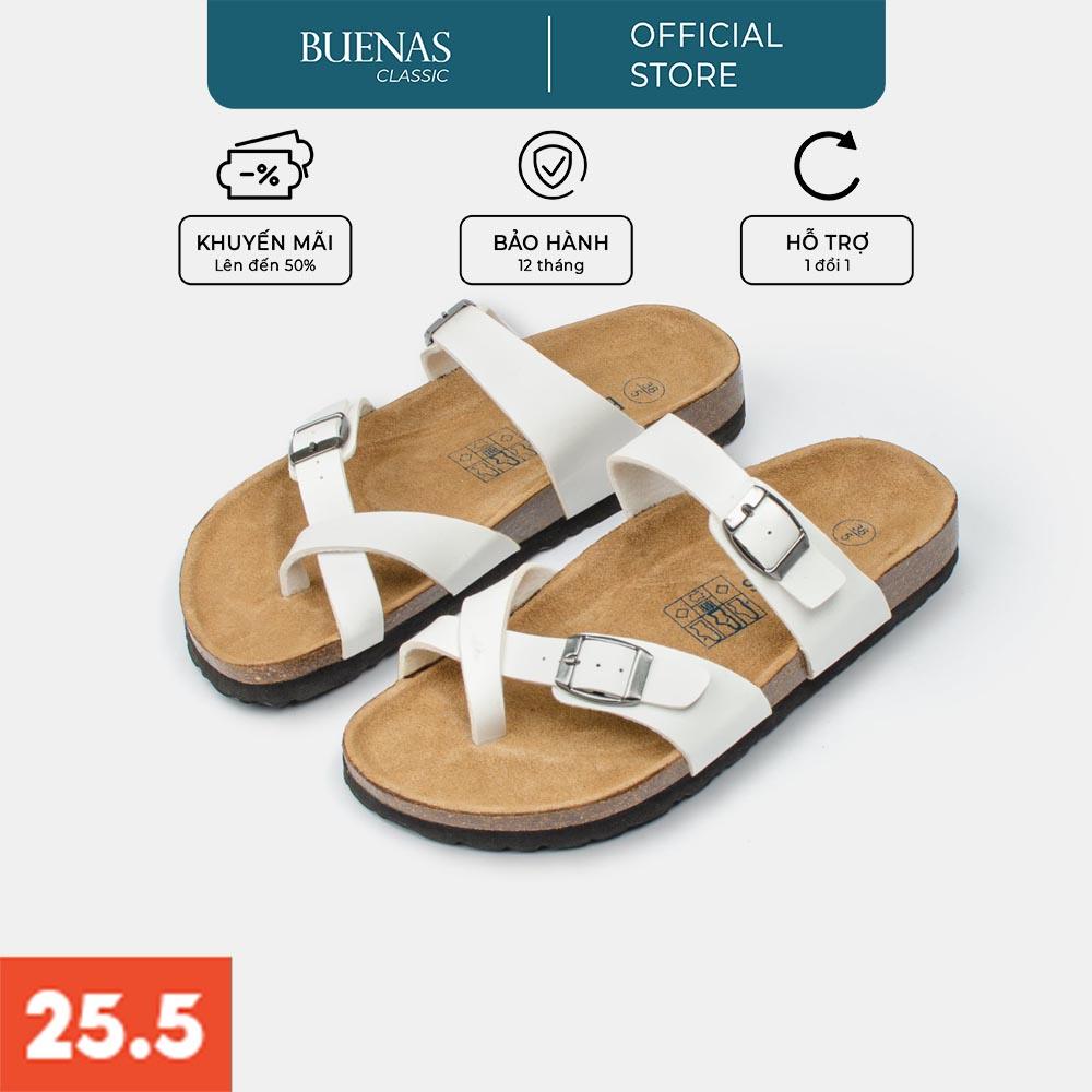 Dép đế trấu nam nữ da bò unisex birken quai chéo Buenas - BU02 trắng