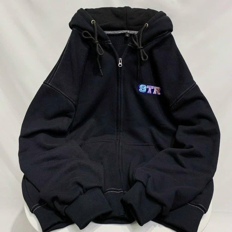 Áo khoác nữ Hoodie khoá kéo thêu STR - Style Hàn Quốc ulzzang - Form rộng oversize