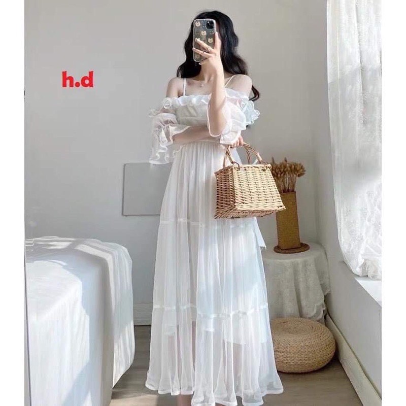 Váy Trắng 2 dây trễ vai bèo ngực dáng dài Đầm babydoll đi biển du lịch dự tiệc