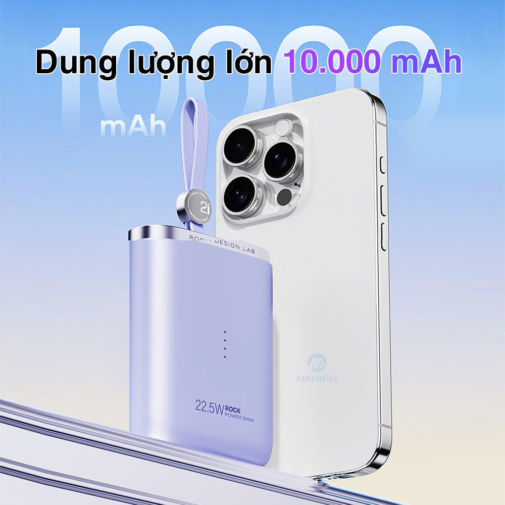 Pin dự phòng mini tích hợp dây sạc Rockspace Powersack 10000mAh sạc nhanh 22.5w hàng chính hãng có bảo hành