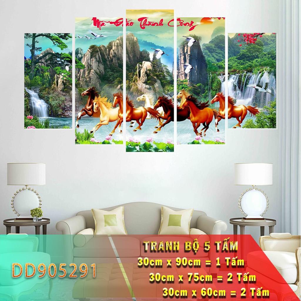 Bộ 5 tấm ghép tranh dán tường 3D mã đáo thành công, tranh ngựa 3d dán tường