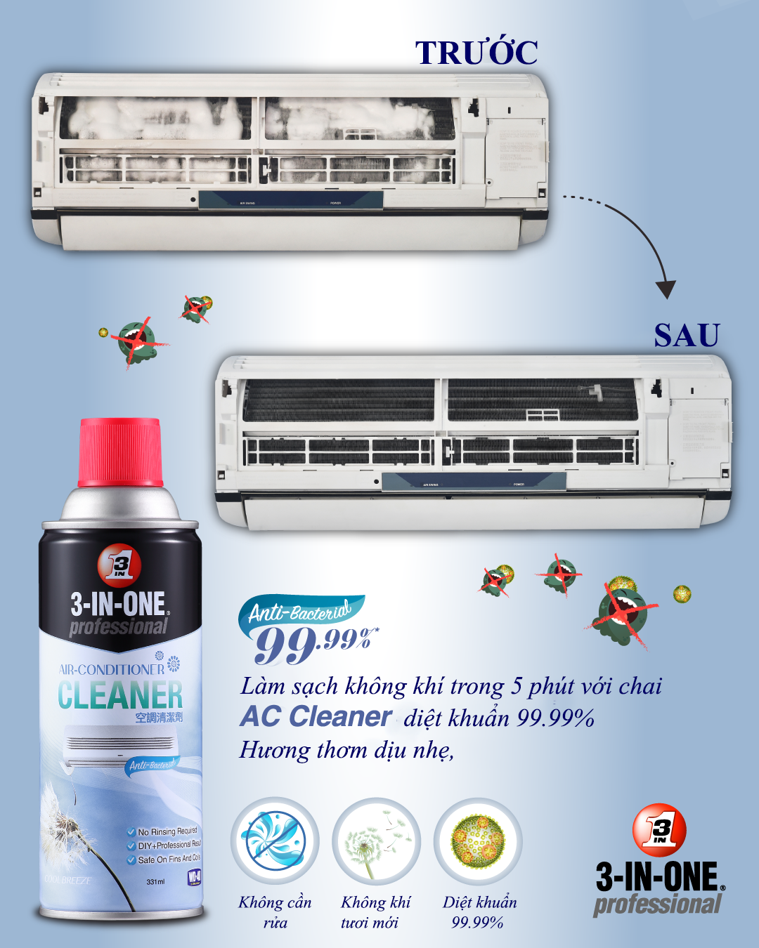 Chai vệ sinh máy lạnh tiện dụng WD40 [85149/85049 3-IN-ONE PRO 331ML AIRCON CLEANER E/C 12]-hàng chính hãng