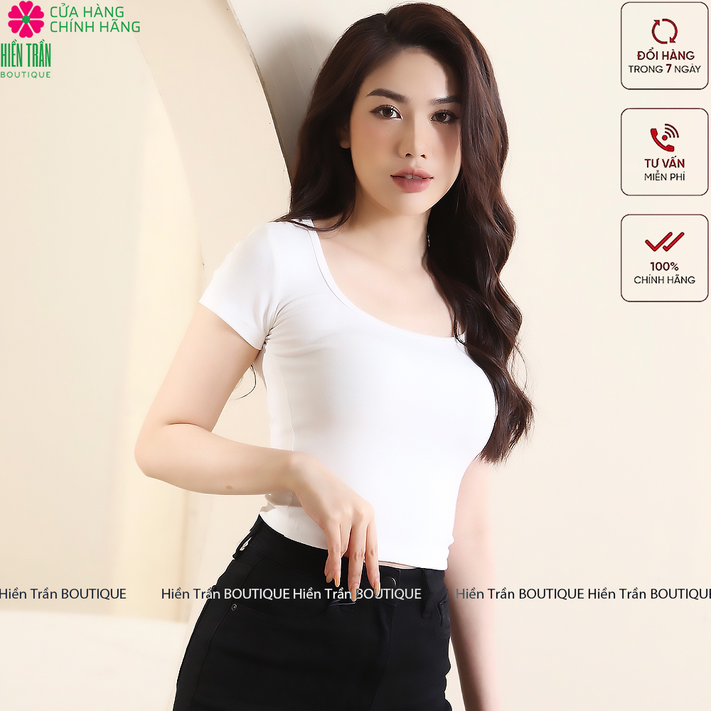 Áo croptop Hiền Trần BOUTIQUE cổ vuông cộc tay vải thun ôm body crotop nữ cotton co giãn tốt