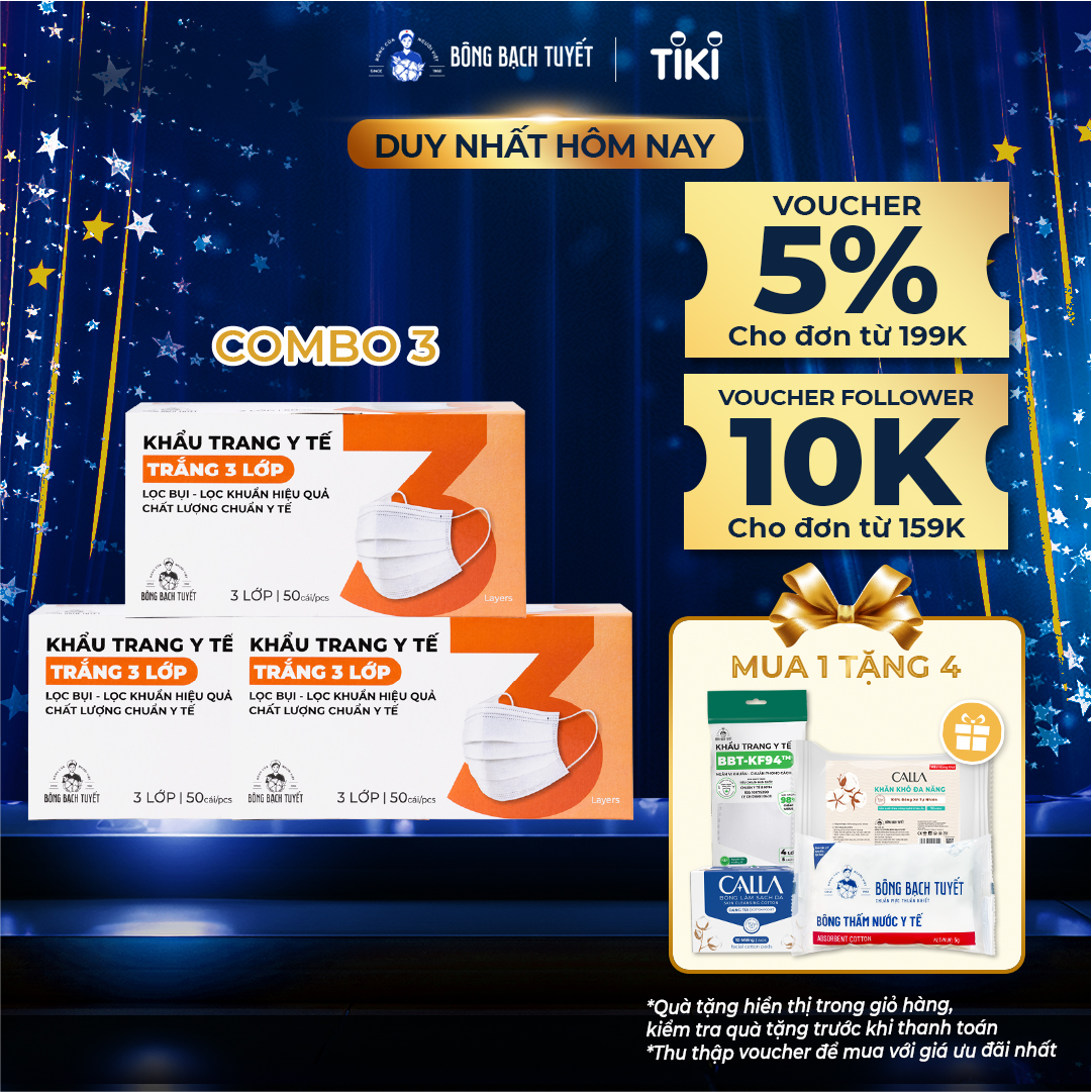 Combo 3 Hộp Khẩu trang Bông Bạch Tuyết 3 lớp trắng