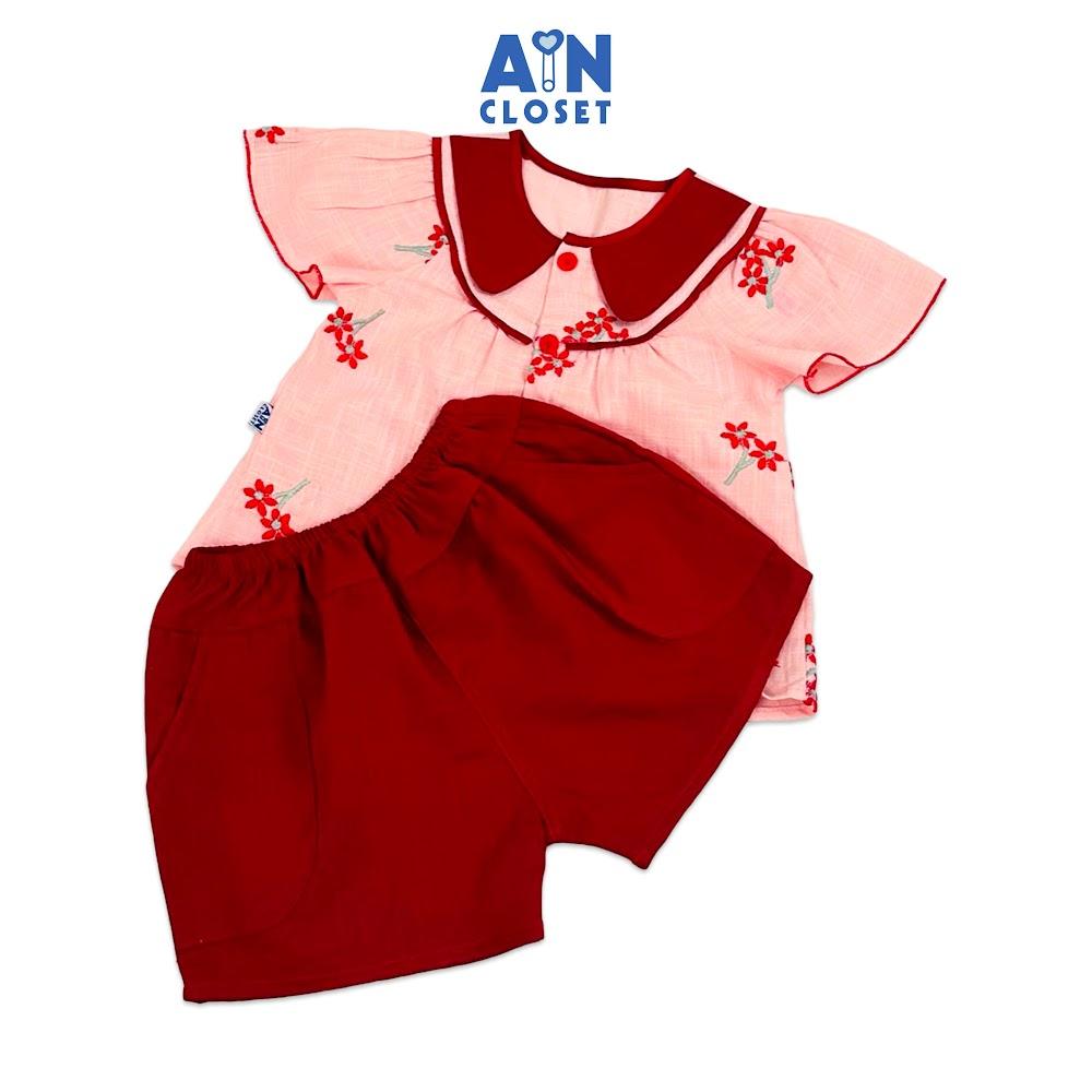 Bộ quần áo Ngắn bé gái họa tiết hoa Sử Quân Tử đỏ cotton - AICDBGMOIQ6I - AIN Closet