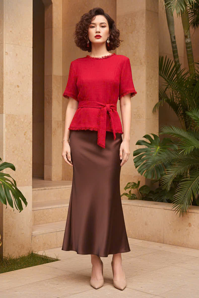 Áo Thắt Eo Peplum Tweed Đỏ Thanh Minh thời trang thiết kế Hity Top213Red