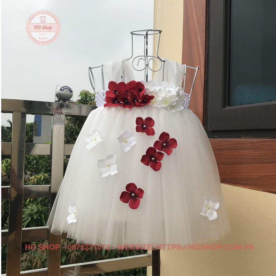 Đầm cho bé gái ️️ Đầm trắng tú cầu trắng đỏ