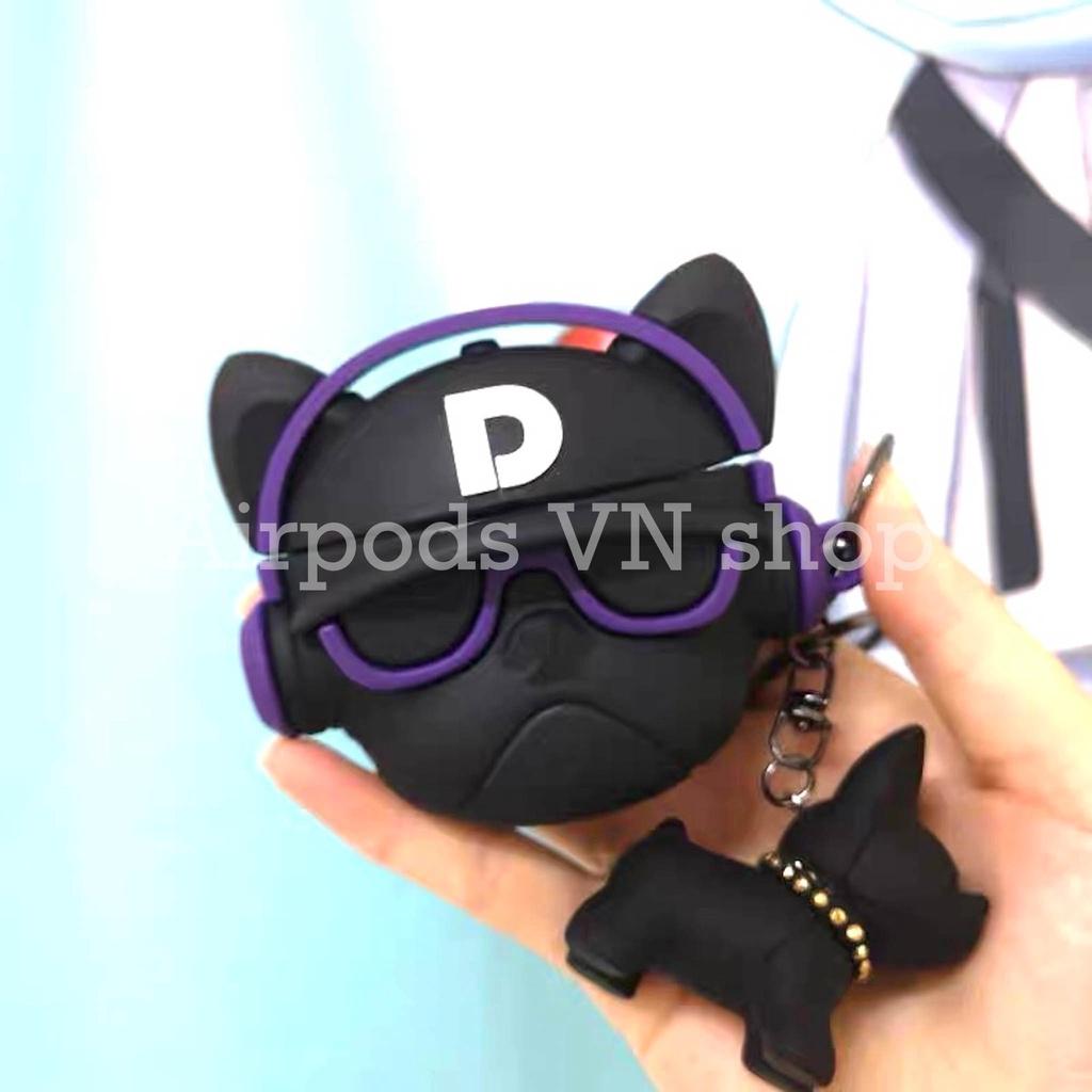 Bao Case Ốp dành cho Airpods 1/2 & Airpods Pro bulldog mang headphone tím siêu chất silicon cao cấp