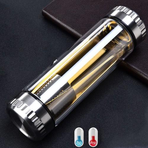 Bình thủy tinh 2 lớp 2 đầu kèm bộ lọc pha trà inox 304-420ml