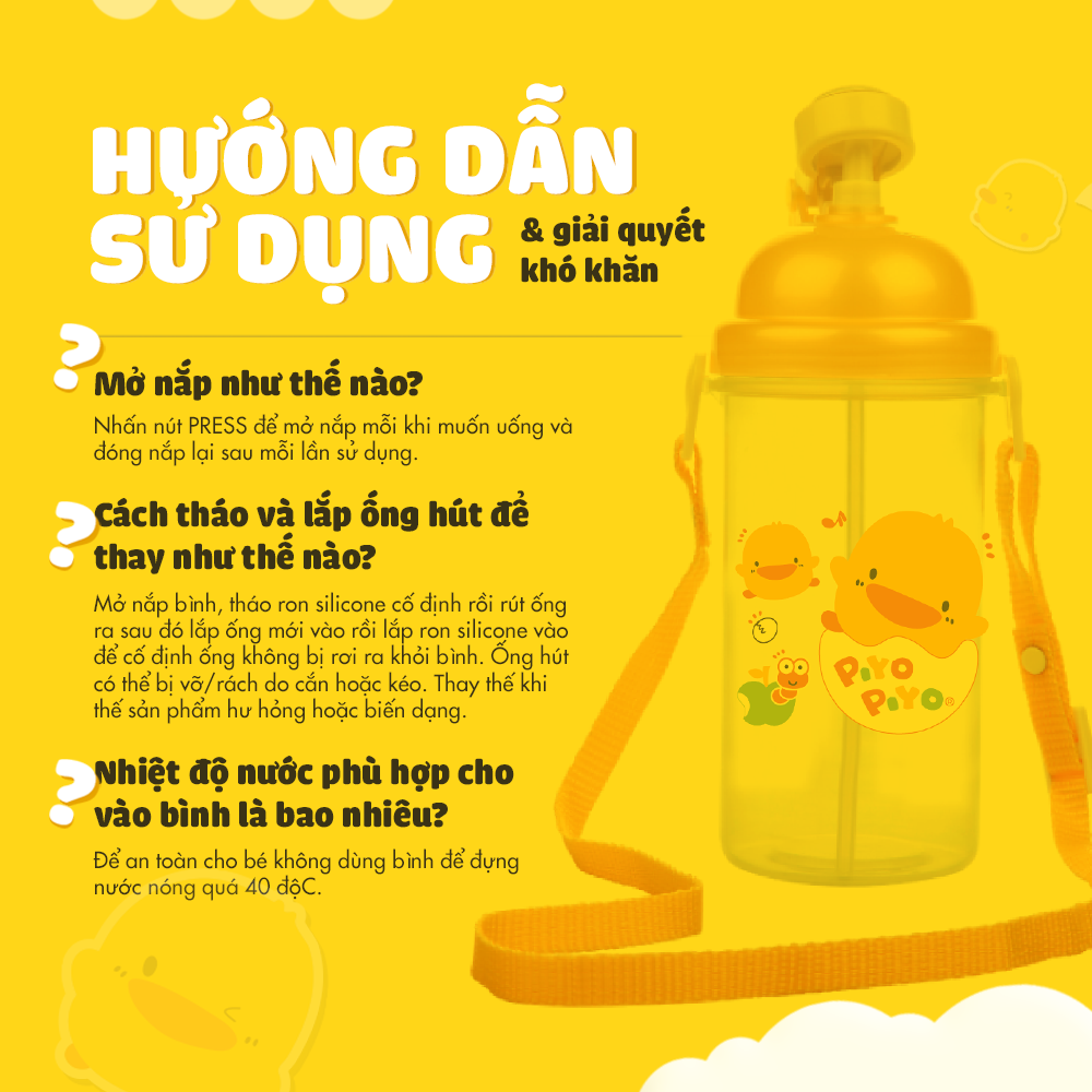 Bình nước cho bé đi học có dây đeo Piyo Piyo 500ml, ấn nút để mở, ống hút ngăn tràn