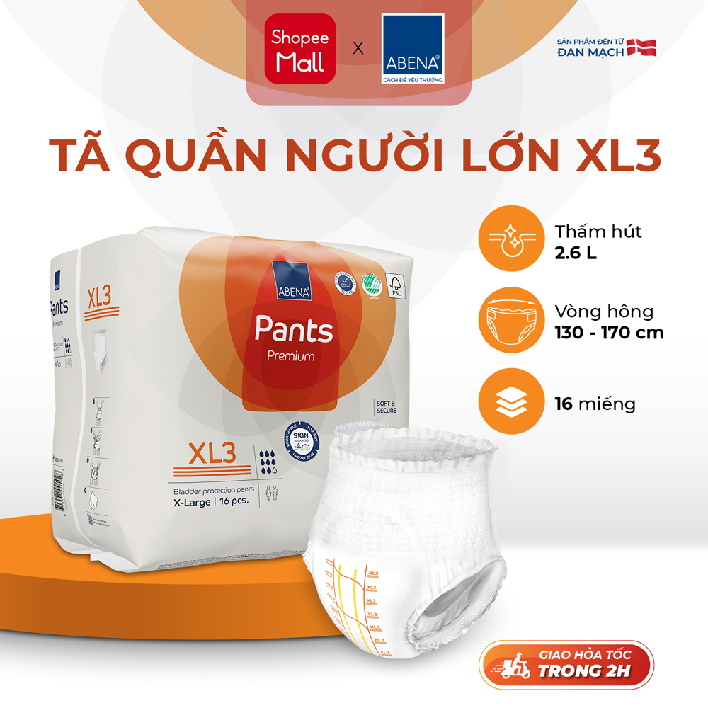Tã quần người lớn Abena Pants Premium XL3 thấm hút 2.600ml - Nhập khẩu Đan Mạch (Gói 16 miếng)