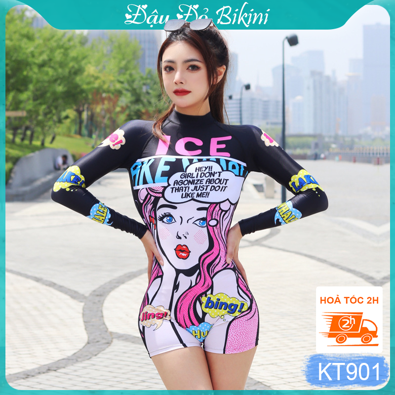Bộ Đồ Bơi  Nữ  Liền Thân Quần Đùi Tay Dài, Chống Nắng Tối Ưu, Khóa Kéo Sau Tiện Lợi, Chất Vải Thun Lạnh Co Giãn Cao, Nhanh Khô - Phom Dáng Ôm Gọn, Tôn Dáng | KT901