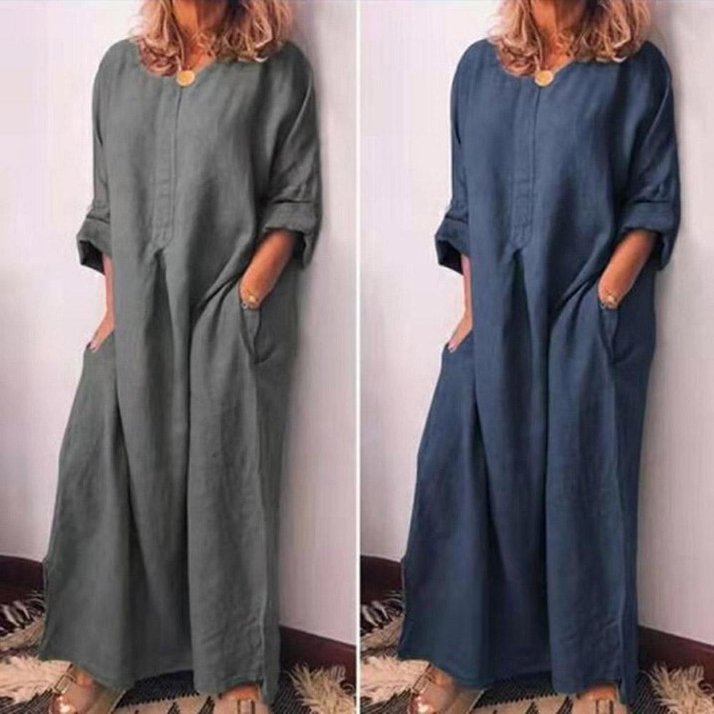 Women's Long Dress Pockets Loose O-Neck Plus Size Solid Lady Clothes Fashion Casual