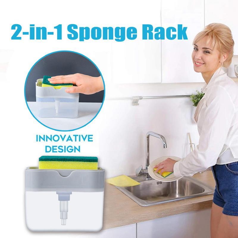 Kitchen Tools 2-in-1 Sponge Box With Soap Dispenser Double Layer Kitchen Plastic Soap Dispenser Sponge Scrubber Holder Case Hot
