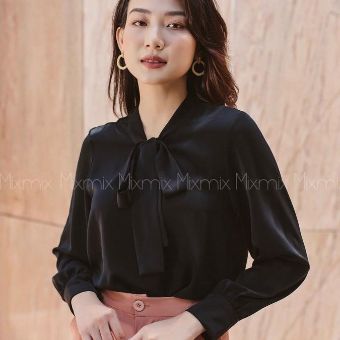 Áo sơ mi cột nơ màu đen - MIXMIX - Hàng thiết kế - Hình chụp thật