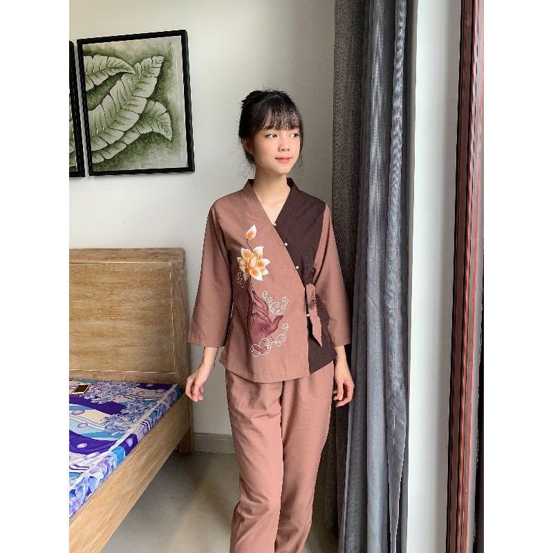 đồ bộ đi chùa.đồ bộ nữ mẫu chéo nhật nơ vẽ sen