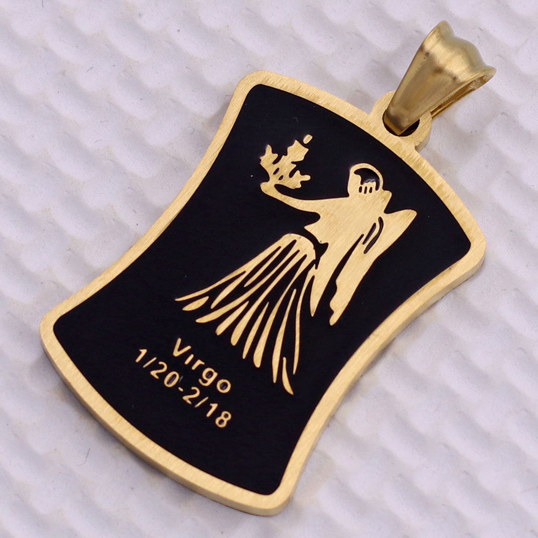 Mặt dây chuyền cung Xử Nữ - Virgo inox vàng kèm vòng cổ dây cao su đen + móc inox vàng, Cung hoàng đạo