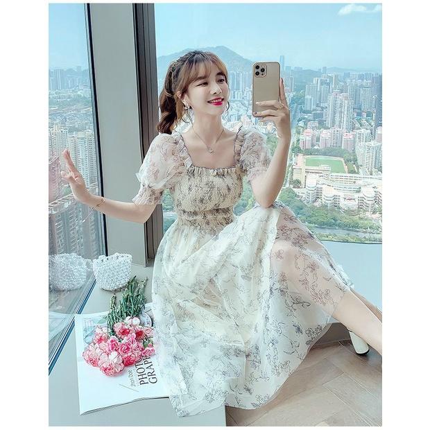 Đầm xoè voan hoa mocking tay phồng siêu xinh