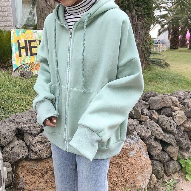 (Hàng chuẩn đẹp) Hoodie dây kéo zip màu xanh ngọc ulzzang unisex form rộng dễ thương nam nử thời trang