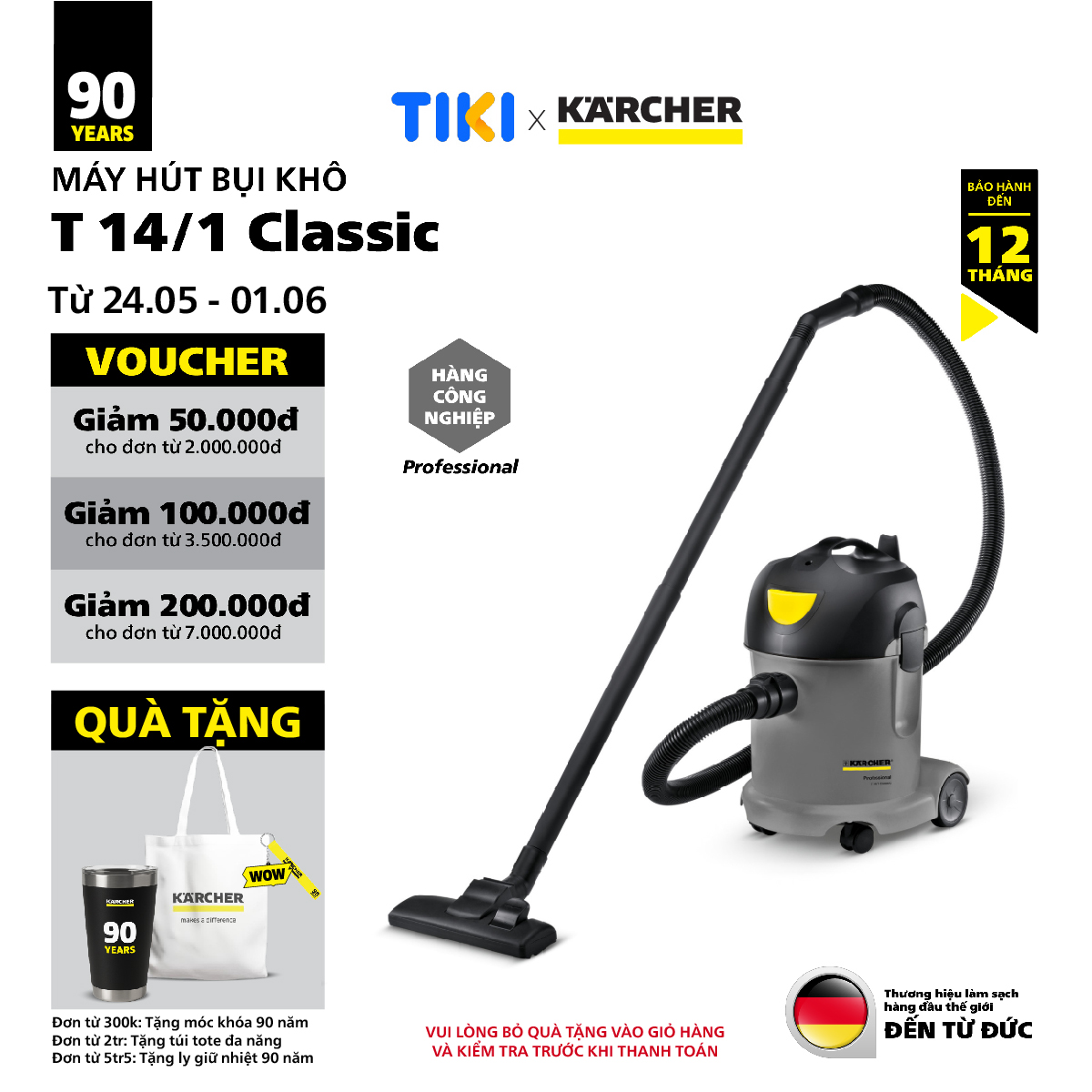 Máy hút bụi khô công nghiệp Karcher T 14/1 Classic - Hàng chính hãng