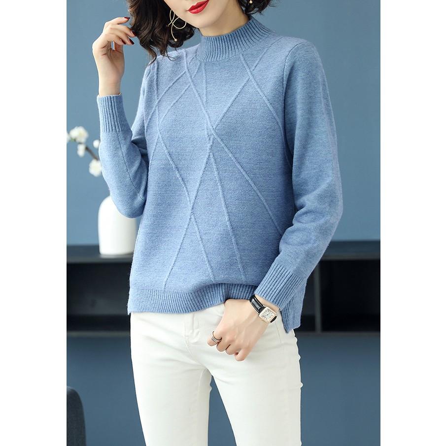 Áo len nữ cổ 3 phân màu xanh dương nổi bật Al19