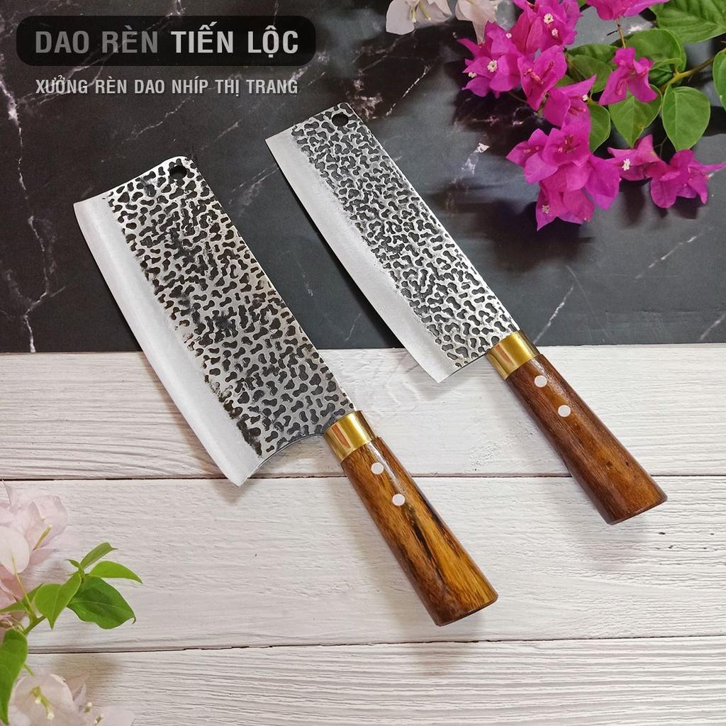 Bộ 2 Dao Chặt, Thái Rèn Từ Thép Nhíp Dập Vân 2 Mặt Cao Cấp - Cán Cẩm Chỉ Khâu Đồng