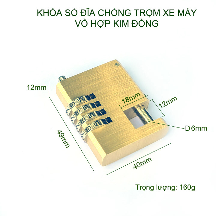 Khóa số đĩa chống trộm xe máy bằng hợp kim đồng, 4 mã số có thể thay đổi