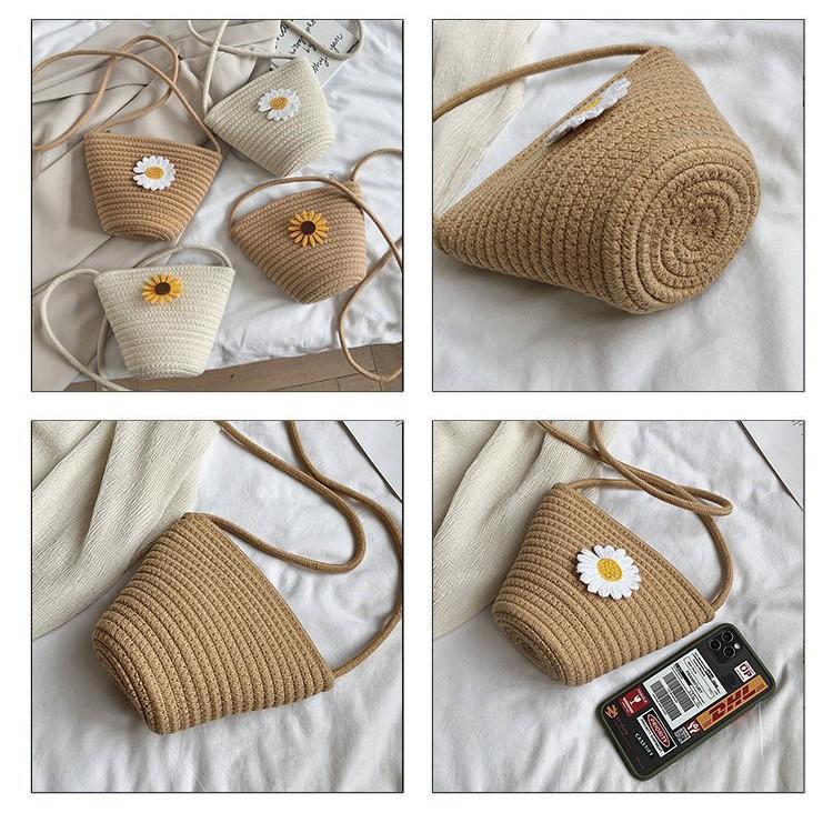Straw Woven Bag Women's New Small Flower Woven Bucket Bag Mori Style Girl One-Shoulder Messenger Bag