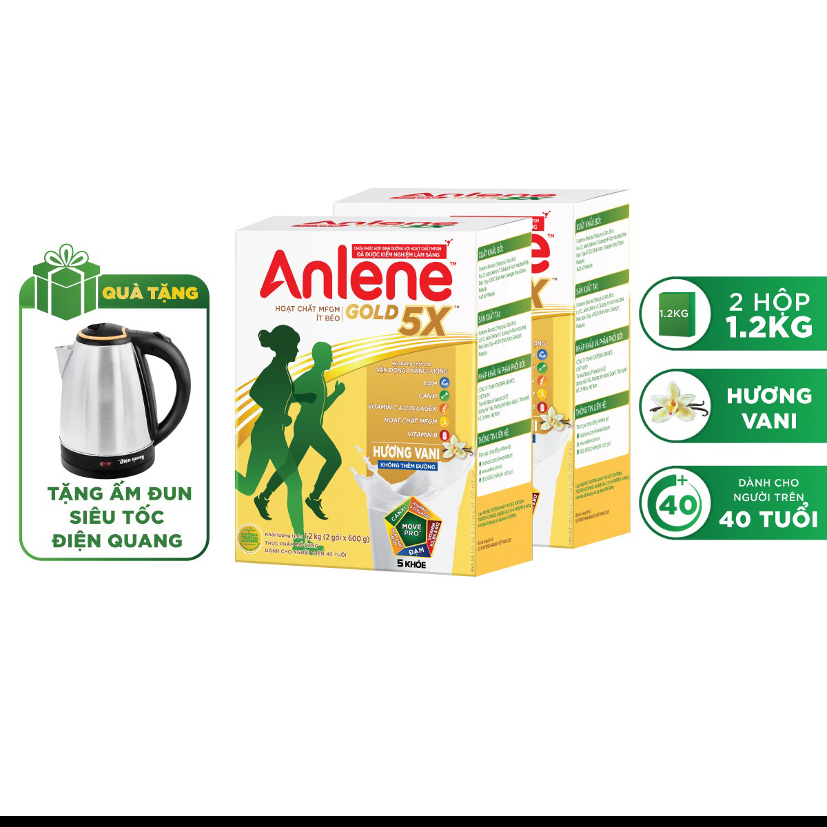 Combo 02 Sữa Bột Anlene Gold 5X Hương Vanilla (Hộp giấy 1200g) - Tặng ấm đun Điện Quang