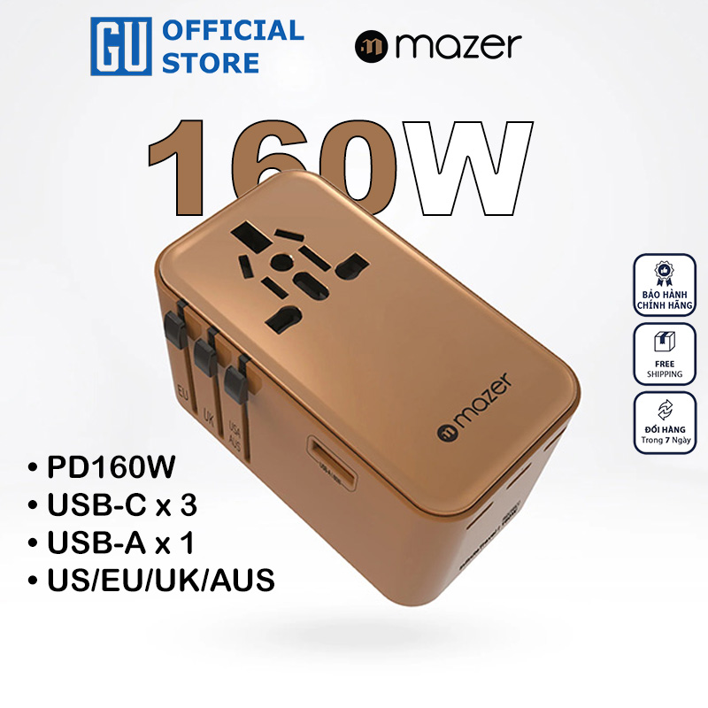 Củ Sạc Du Lịch MAZER Infinite Travel PD160W GaN3 Pro 03xUSB-C 01xUSB-A Sử Dụng Được Trên 224 Quốc Gia Hàng Chính Hãng