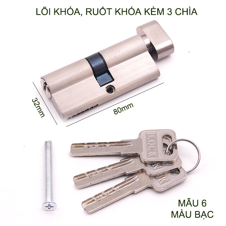 Lõi khóa cửa tay gạt dài 80mm, khóa 1 bên, vặn 1 bên kèm 3 chìa-Mẫu 6