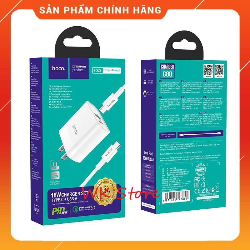 Bộ sạc nhanh (cốc+ cáp ) 2 cổng Hoco C80A cho iphone và android - Hàng chính hãng