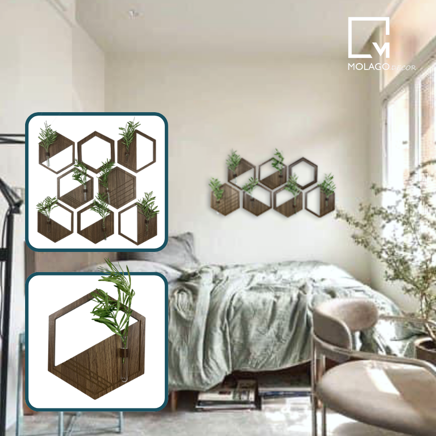 Bộ lục giác gỗ treo tường đồ trang trí phòng lục giác vân gỗ đậm decor treo tường gỗ trang trí Molago - LA-N
