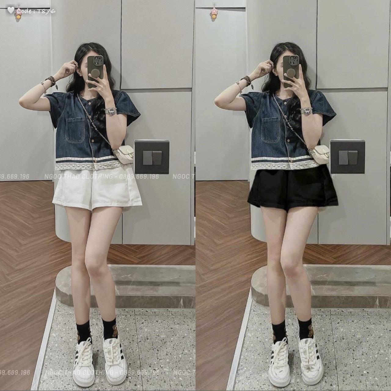 SET ĐI CHƠI, SET 2 MÓN ÁO SƠ MI JEAN TAY NGẮN VIỀN REN PHỐI QUẦN ĐÙI CỰC XINH IU