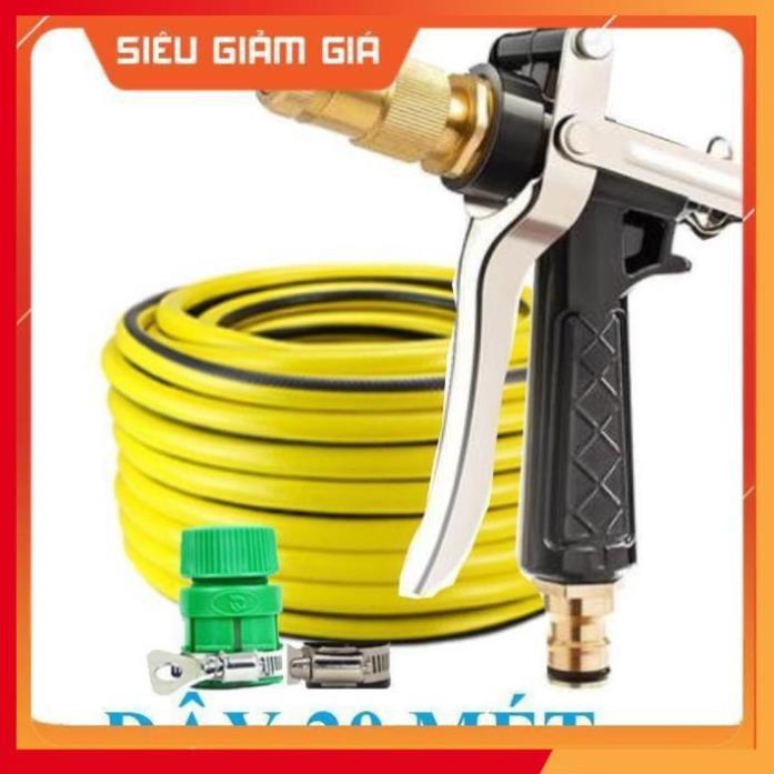 Bộ dây vòi xịt nước rửa xe, tưới cây . tăng áp 3 lần, loại 20m 206236 đầu đồng, đai, nối vòi vàng