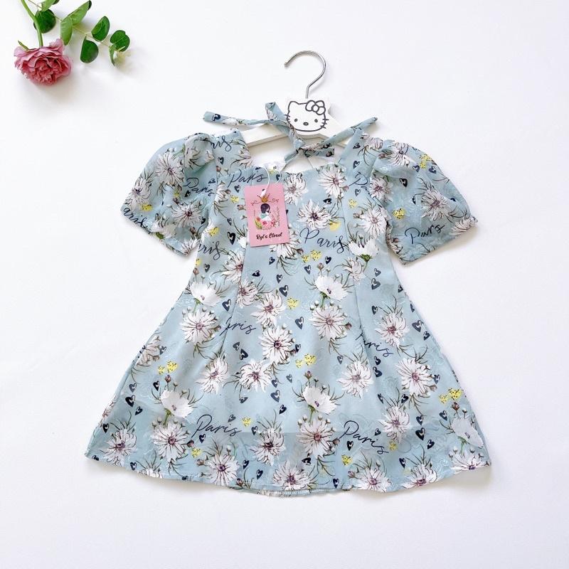 Váy Mẹ - Bé Tơ Lụa Hoa Xanh Bé Gái 4 Đến 28kg, Đầm Bé Gái Chất Tơ Lụa Nổi 2 Lớp