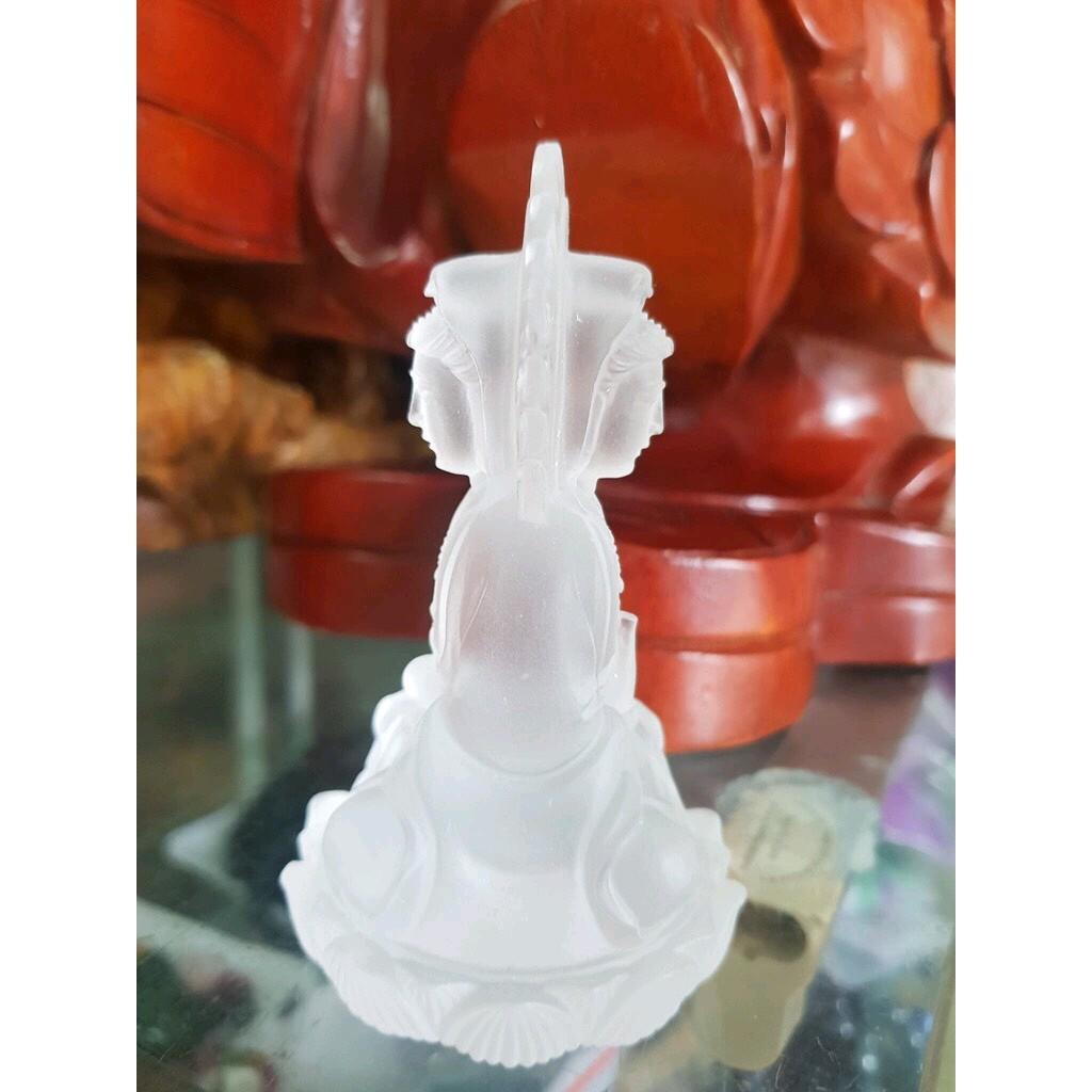 Tượng Phật Bà Quan Âm 2 Mặt ĐÁ LƯU LY TRẮNG TINH ĐẸP ĐỂ TRONG XE HƠI hoặc BÀN cao 10cm đk 6cm mệnh KIM mệnh THỦY ạ