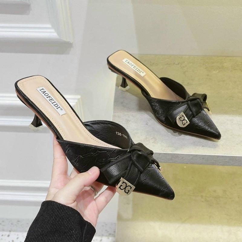 Giày cao gót mũi nhọn da lì thắt nơ mẫu mới gót nhọn