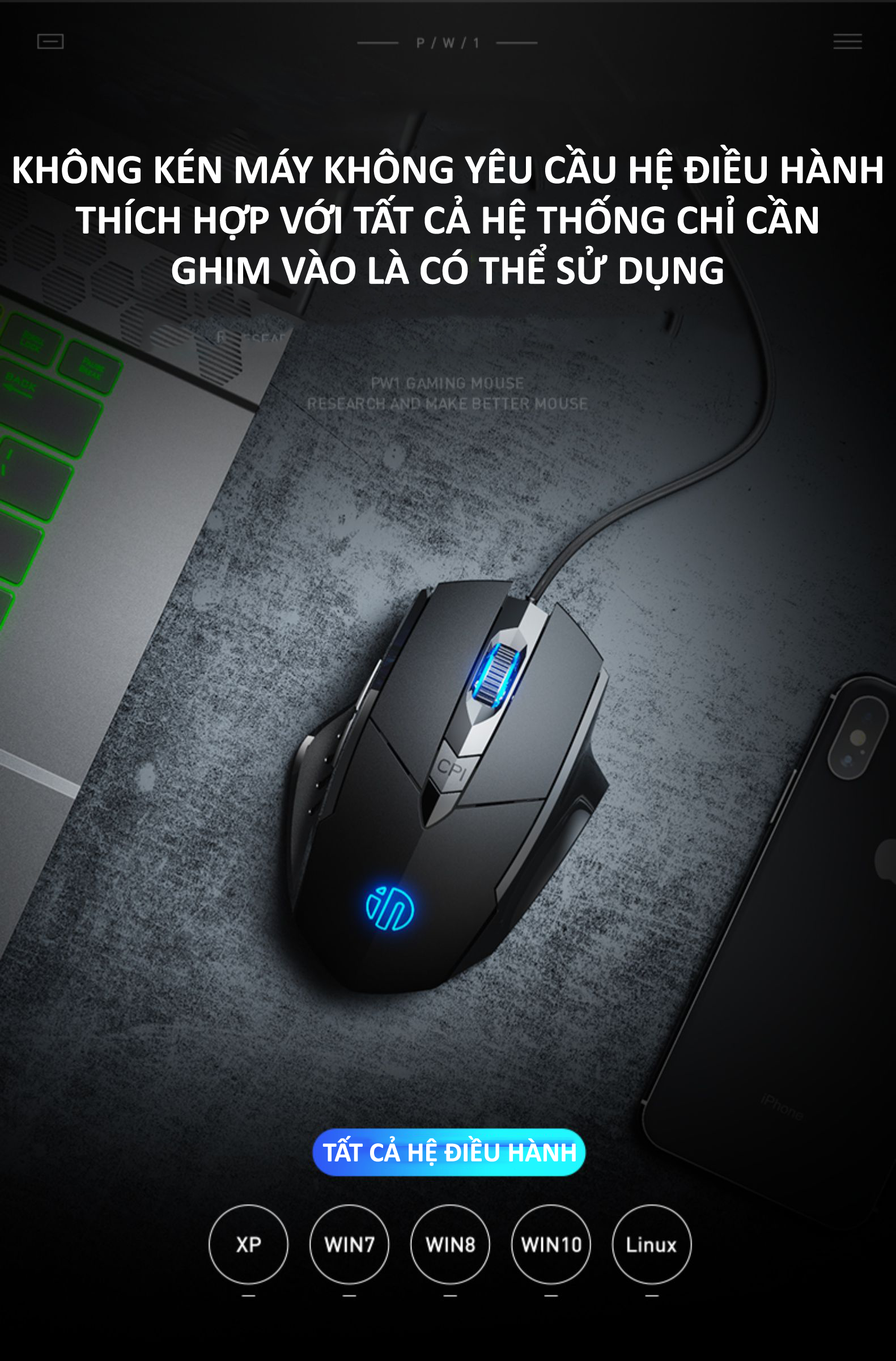 Chuột gaming máy tính có dây chống ồn silent click INPHIC PW1 đèn led 4 màu dành cho game thủ, văn phòng - Hàng Chính Hãng