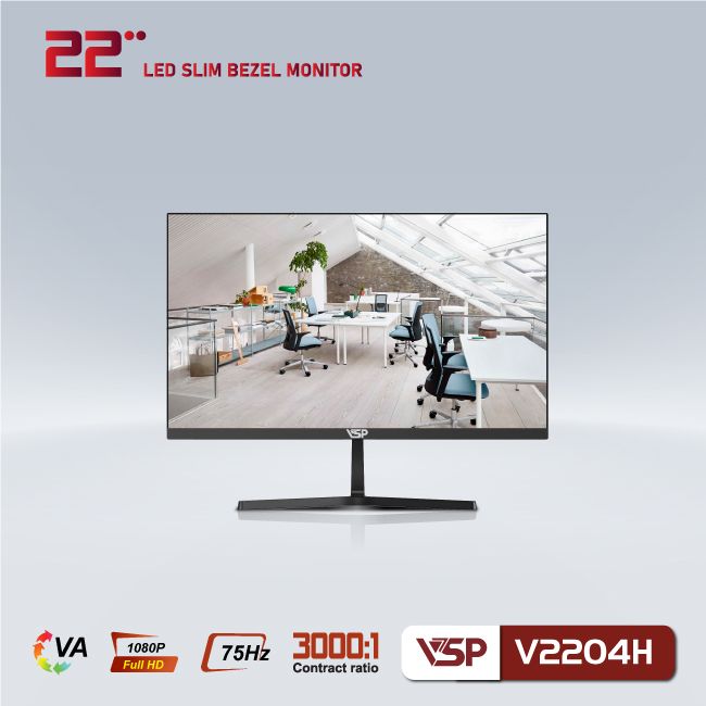 Màn hình máy tính 22inch VSP V2204H [ĐEN] (21.5&quot; VA FHD 75Hz, HDMI+VGA) Phẳng LED Tràn Viền - Hàng chính hãng VSP phân phối