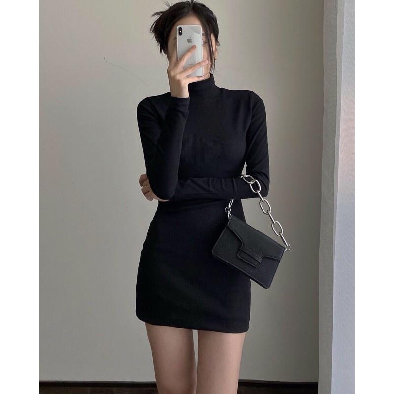 Đầm body cổ lọ nữ dài tay, đầm ôm body dáng dài chất thun gân co giãn phong cách sexy tôn dáng cực đỉnh VAY016