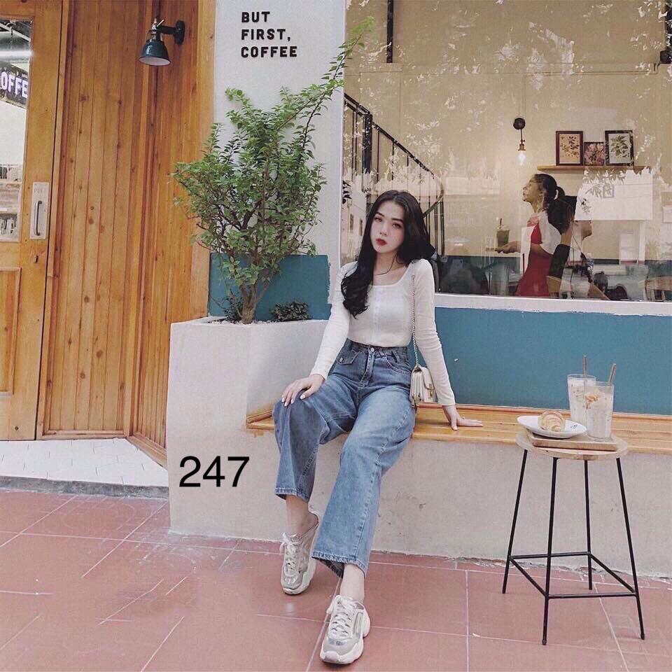 QUẦN JEAN DÀI ỐNG RỘNG LƯNG CAO KÈM TÚI NHỎ - QUẦN BÒ NỮ CULOTTES SUÔNG T 22